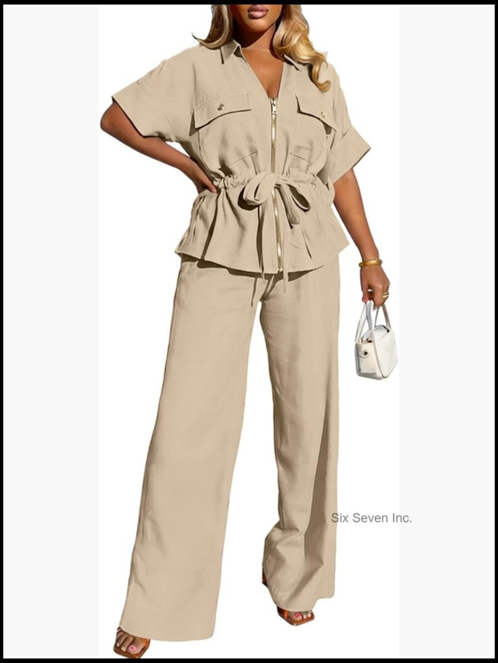 Women's 2 Piece Set V Neck Short Sleeve Zip Drawstring Waist Wide Leg Pants